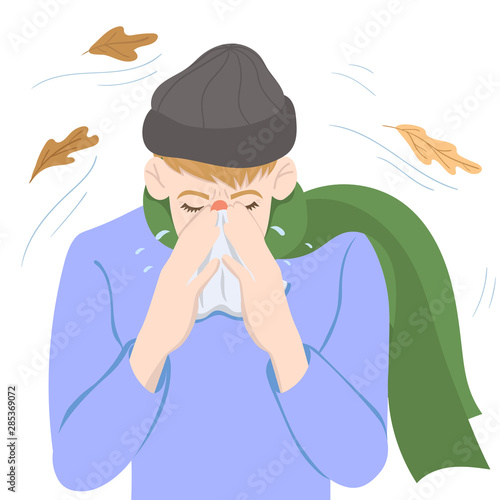 A cold man blows his nose in a handkerchief. Vector graphics.