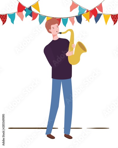 young man with saxophone on white background