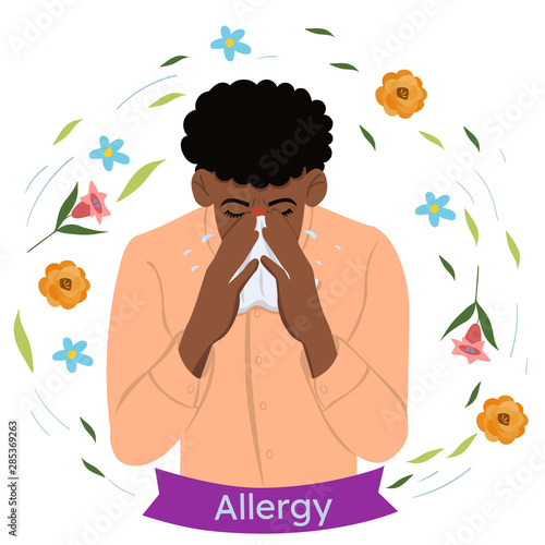 A man with seasonal allergies blows his nose in a handkerchief. Vector graphics.