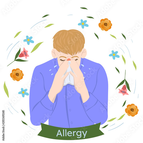 A man with seasonal allergies blows his nose in a handkerchief. Vector graphics.