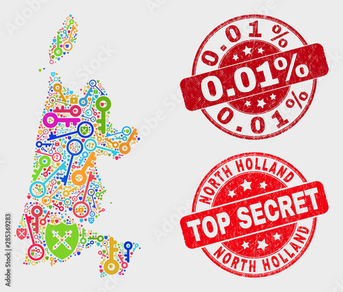 Guard North Holland map and seal stamps. Red round Top Secret and 0.01% distress seal stamps. Colored North Holland map mosaic of different safety symbols. Vector composition for safety purposes.