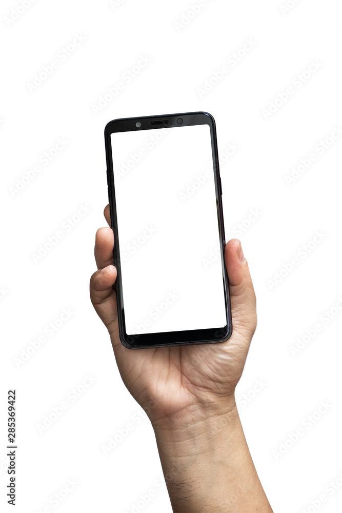 Man hand holding the phone with a white screen isolated white background with clipping path. Man hand holding the phone with a white screen isolated white background with clipping path.