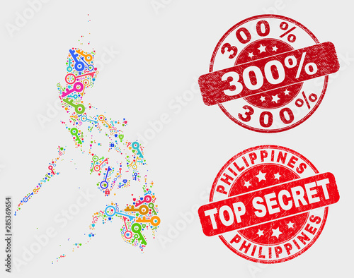 Key Philippines map and seal stamps. Red rounded Top Secret and 300% scratched seal stamps. Colorful Philippines map mosaic of different safety elements. Vector collage for keeping purposes.