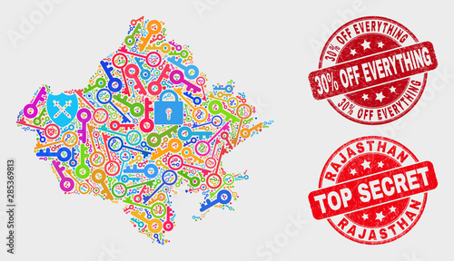 Key Rajasthan State map and seal stamps. Red rounded Top Secret and 30% Off Everything scratched seal stamps. Colorful Rajasthan State map mosaic of different keeper items.