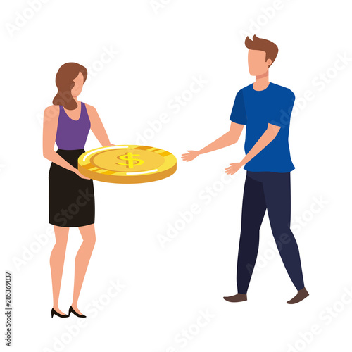 young couple with coins money avatars characters
