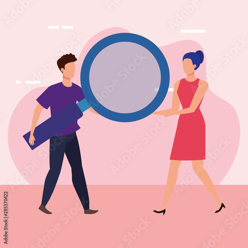 young couple with magnifying glass characters