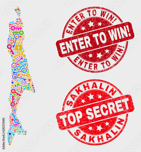 Firewall Sakhalin Island map and seal stamps. Red round Top Secret and Enter to Win! scratched seal stamps. Colored Sakhalin Island map mosaic of different registration items.
