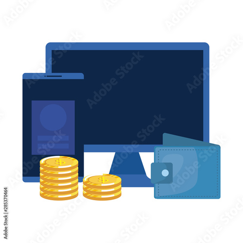 desktop computer with wallet and coins