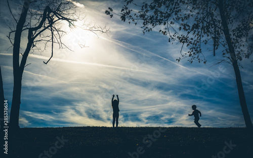 Fototapeta Naklejka Na Ścianę i Meble -  Silhouette shadows of two children on a hill with a blue sky behind them