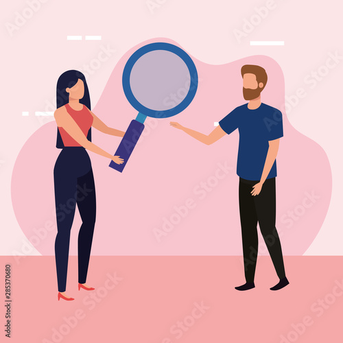 young couple with magnifying glass characters