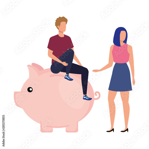 young couple with piggy savings characters
