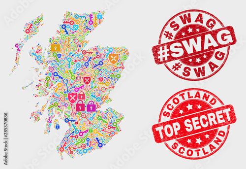 Privacy Scotland map and seals. Red round Top Secret and #Swag textured stamps. Colored Scotland map mosaic of different privacy symbols. Vector combination for safety purposes.