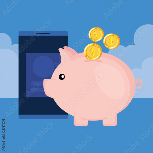 piggy savings with coins money and smartphone
