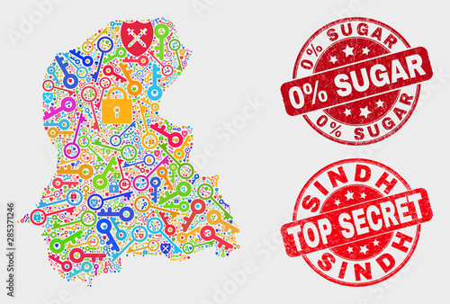 Guard Sindh Province map and stamps. Red rounded Top Secret and 0% Sugar scratched seals. Colorful Sindh Province map mosaic of different lock symbols. Vector combination for guard purposes.