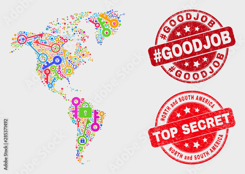 Protection South and North America map and seal stamps. Red rounded Top Secret and #Goodjob textured seal stamps. Colored South and North America map mosaic of different privacy icons.