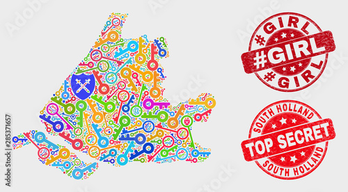 Safety South Holland map and seal stamps. Red rounded Top Secret and #Girl distress stamps. Colored South Holland map mosaic of different safety symbols. Vector combination for keeping purposes.