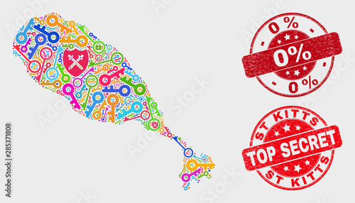 Guard St Kitts Island map and stamps. Red round Top Secret and 0% grunge stamps. Colorful St Kitts Island map mosaic of different key symbols. Vector combination for guard purposes.