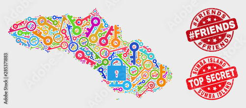 Protection Sumba Island map and watermarks. Red rounded Top Secret and #Friends textured watermarks. Colored Sumba Island map mosaic of different protection symbols.