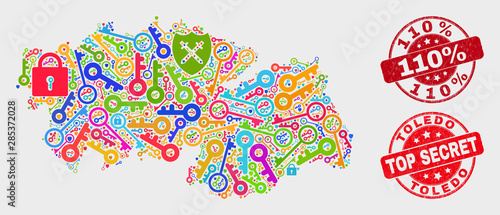 Safety Toledo Province map and watermarks. Red rounded Top Secret and 110% scratched stamps. Colored Toledo Province map mosaic of different secure symbols. Vector composition for safety purposes.