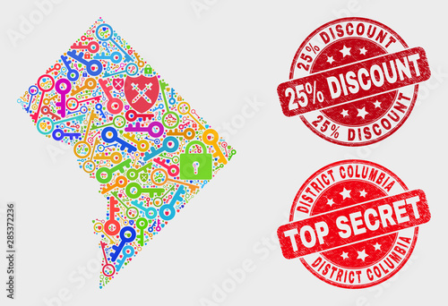 Keep Washington District Columbia map and seal stamps. Red round Top Secret and 25% Discount distress seals. Colorful Washington District Columbia map mosaic of different guard symbols.