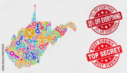 Security West Virginia State map and watermarks. Red rounded Top Secret and 25% Off Everything grunge watermarks. Colorful West Virginia State map mosaic of different shield elements.