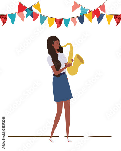 young woman with saxophone on white background