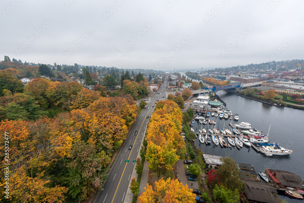 Aerial view of Seattle landscape during fall
