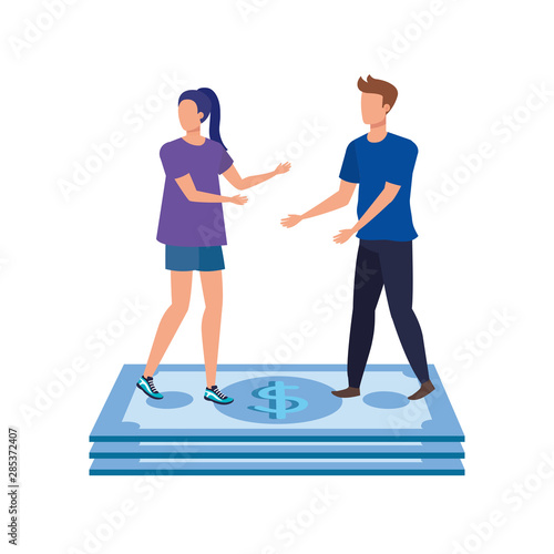 young couple with bills dollars characters