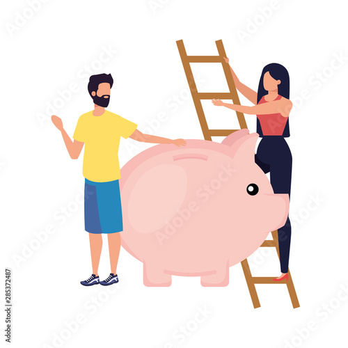 young couple with piggy savings and stairs
