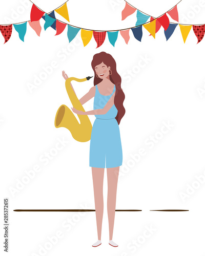 young woman with saxophone on white background