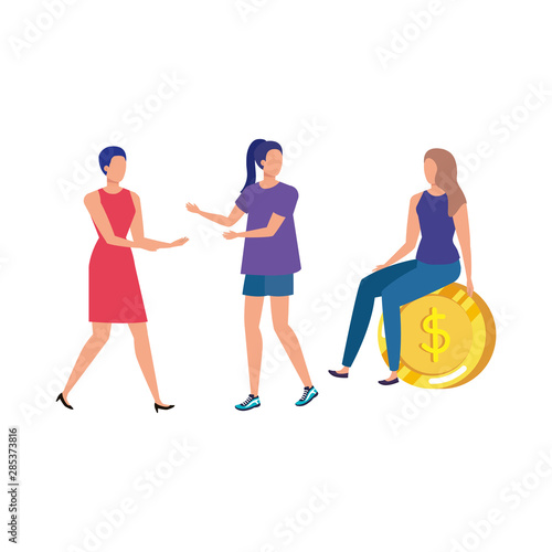young women with coins dollars characters