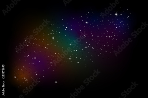 The sky and galaxies combine a variety of colors.