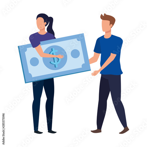 young couple with bills dollars characters