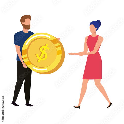 young couple with coins money avatars characters