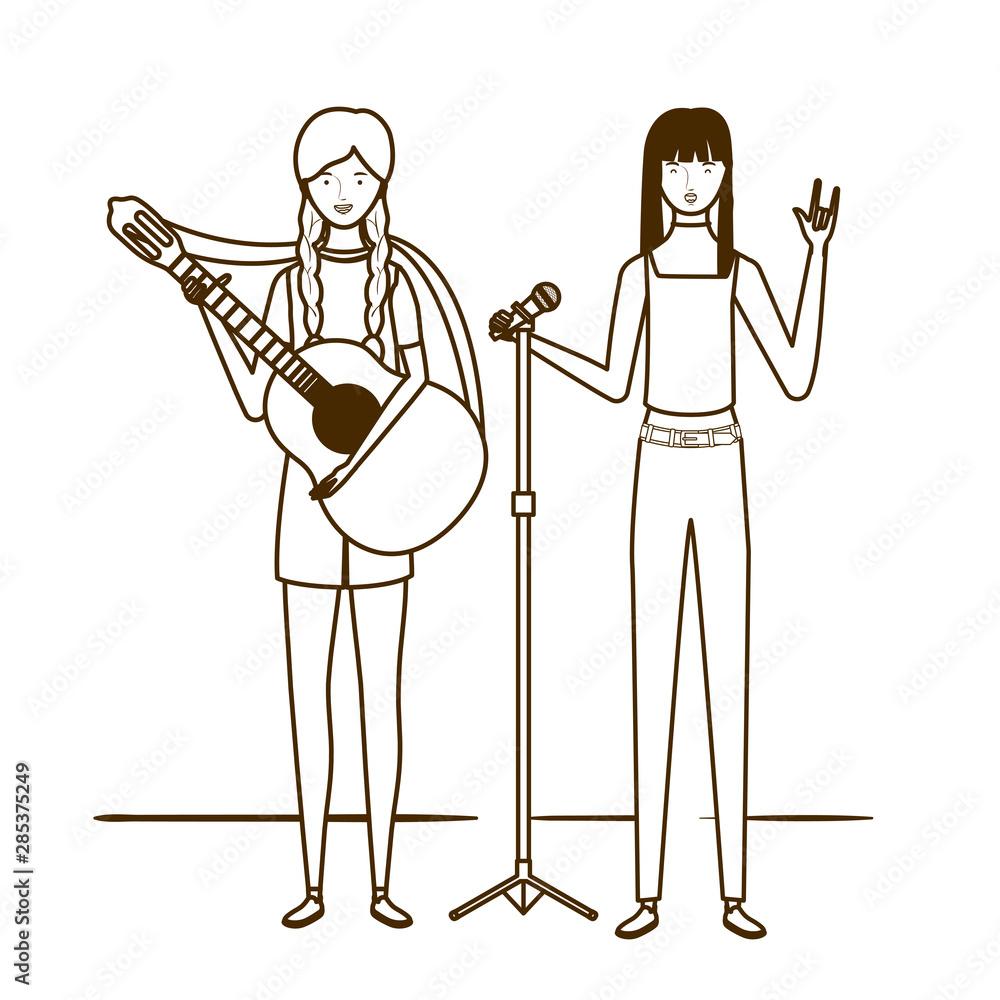 silhouette of women with musicals instruments on white background silhouette of women with musicals instruments on white background