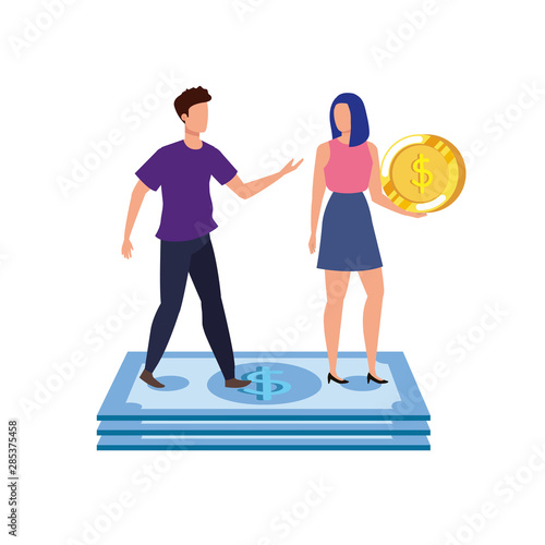 young couple with coins and bills money characters