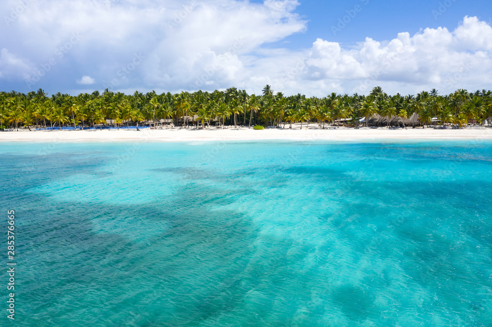 Fototapeta premium Aerial view on tropical island with palm trees and caribbean sea