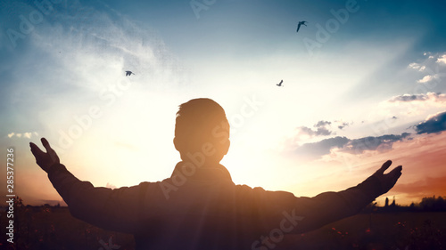 International Day of Peace concept: Silhouette of man raised hands at  sunset background photo