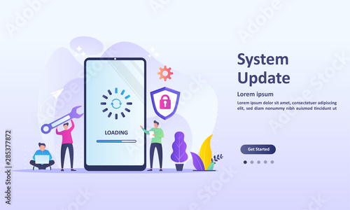 System Update Improvement Change New Version. Installing update process with people characters Suitable for web landing page, ui, mobile app, banner template. Vector Illustration