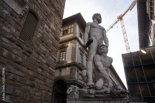 Sculpture Hercules and giant Cacus (1534) stands in front of Palazzo Vecchio. Florence. Italy.