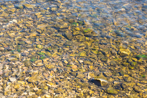 river bottom with a stone or pebble beach. mossy stones shining through a layer of river water on a bright sunny day