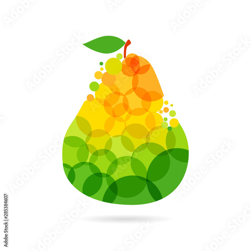 Pear logotype concept. Green and yellow coloured logo idea with bubbles on white background. Isolated abstract graphic design template. Organic bartlett pear bright element with transparent effect.