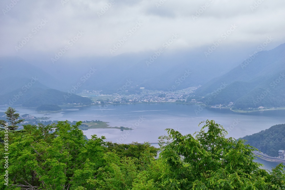 Views around Mount Fuji Japan, including Kawaguchiko Tenjozan Park, Lake Kawaguchi from ferry boat on the lake and the gondola  observation. Asia.