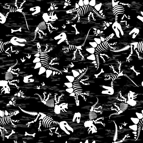 Seamless pattern funny sketchy fossil animals and plants. Vector illustration.