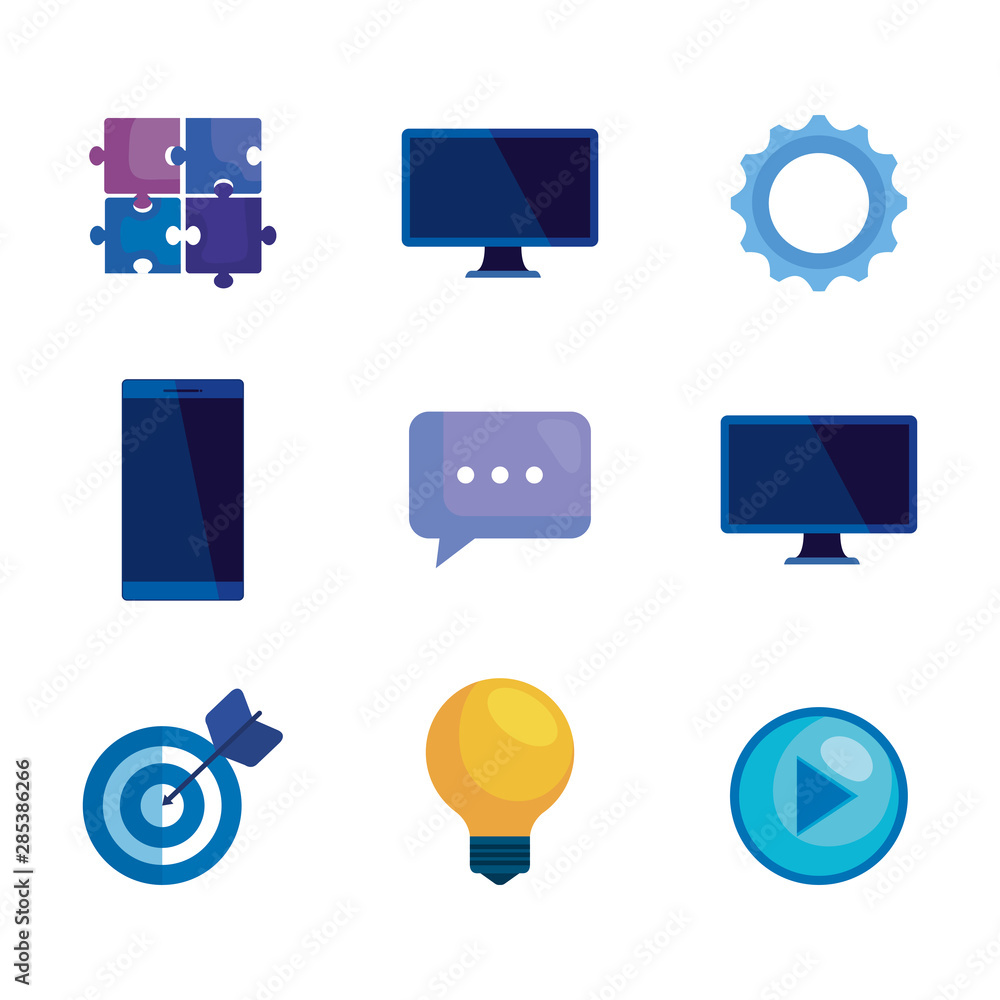 set of technology media icons to business strategy set of technology media icons to business strategy