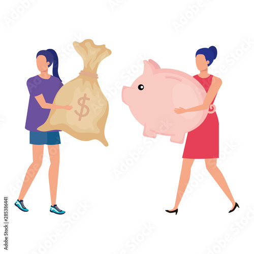 young women with piggy savings and money sack