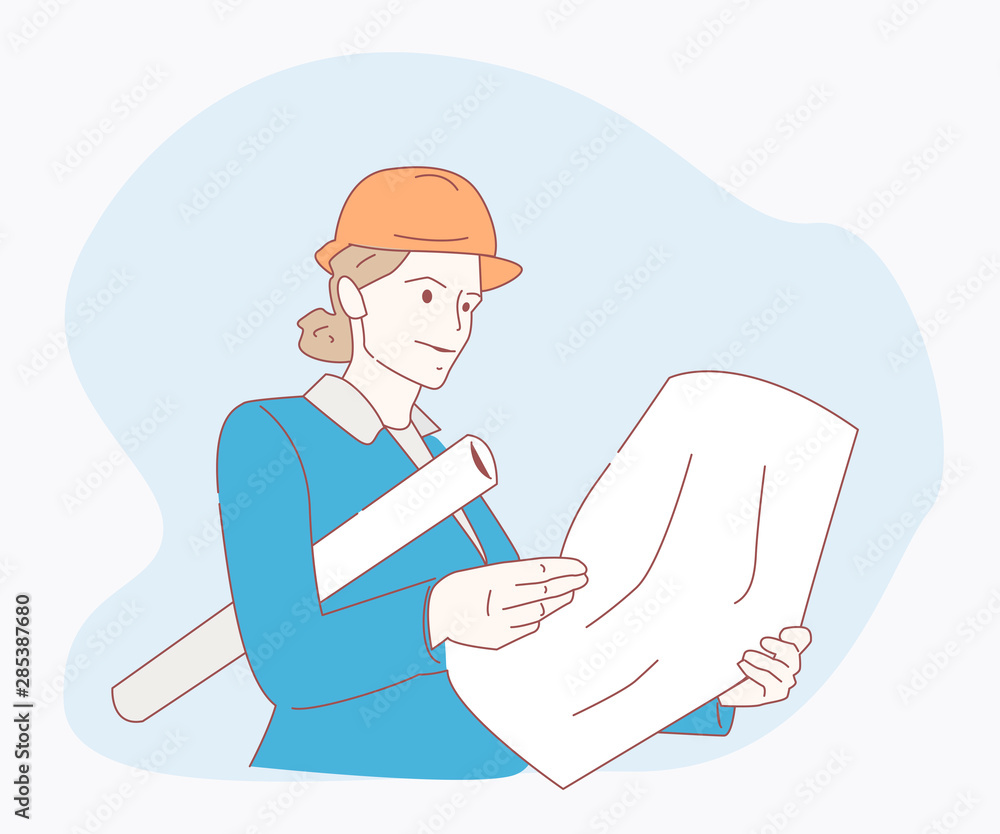 woman watching and checking details on a construction site. Hand drawn style vector design illustrations. woman watching and checking details on a construction site. Hand drawn style vector design illustrations.