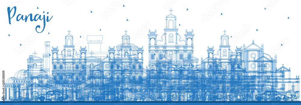 Outline Panaji India City Skyline with Blue Buildings.