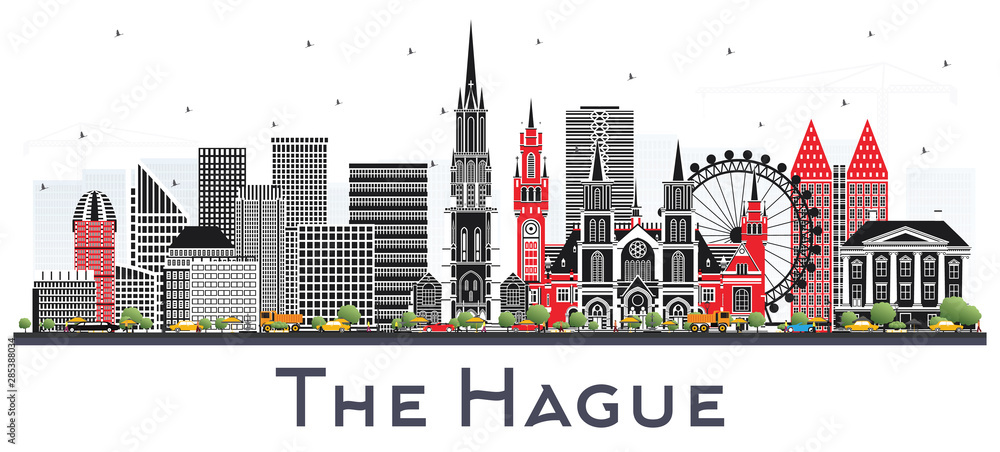 Fototapeta premium The Hague Netherlands City Skyline with Color Buildings Isolated on White.
