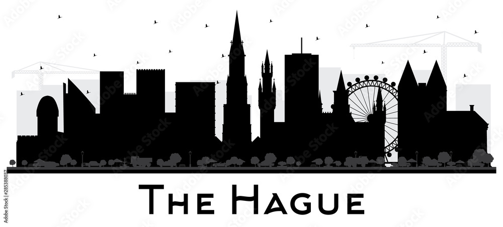 The Hague Netherlands City Skyline Silhouette with Black Buildings Isolated on White.